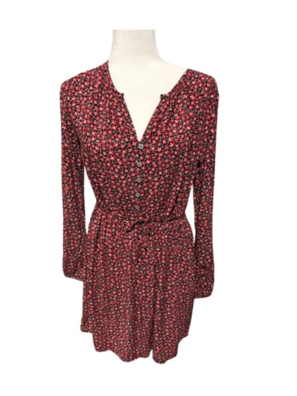 Loft Red Ditsy Floral Tie Long Sleeve Swing Mini Dress Size XS
